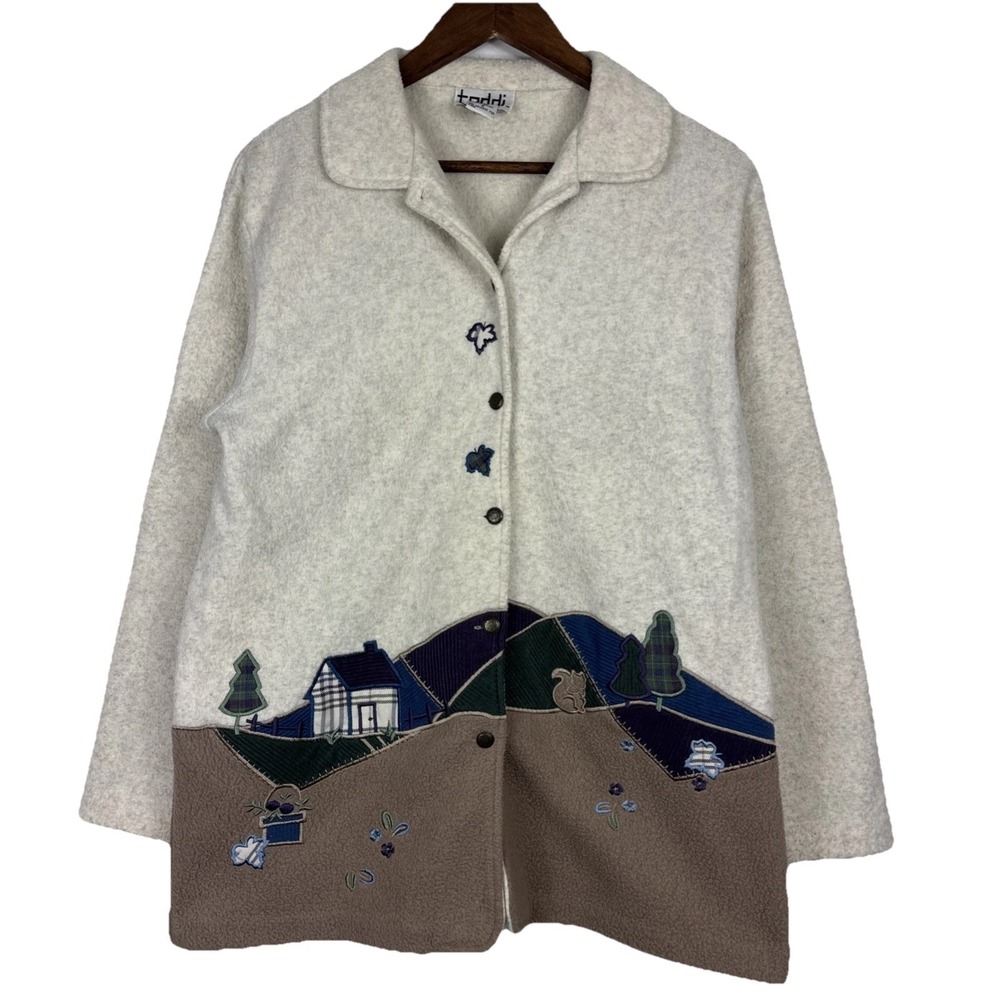 Vintage Teddi Fleece Jacket Womens Small Beige Nature Landscape Embroidered